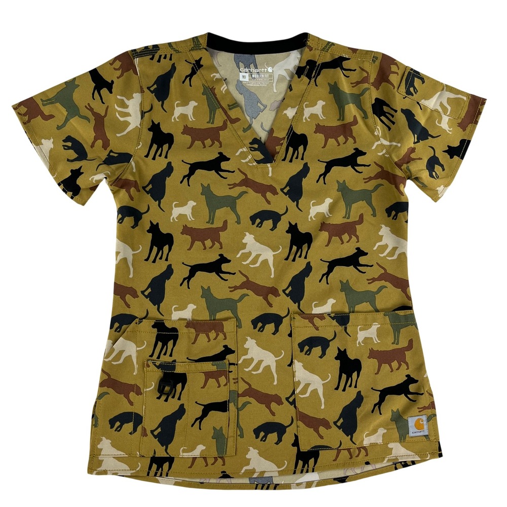 Carhartt Scrub Top Womens XS Dog Print‎ V-Neck Vet Veterinary Modern Fit Stretch